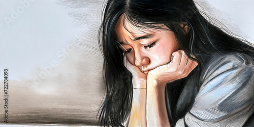 sad Asian girl with long black hair resting chin in hands and slumping shoulders, concept of sadness and depression, digital art photo