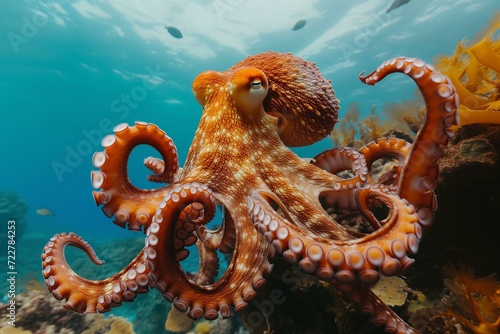 curious octopus close to the screen, underwater, coral reef in background © World of AI