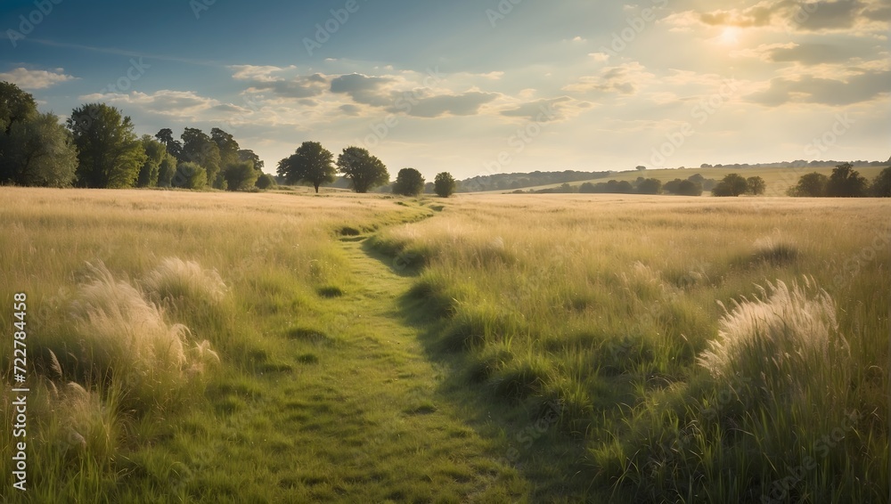 Footpath cutting through a meadow of tall, wild grass. generative AI