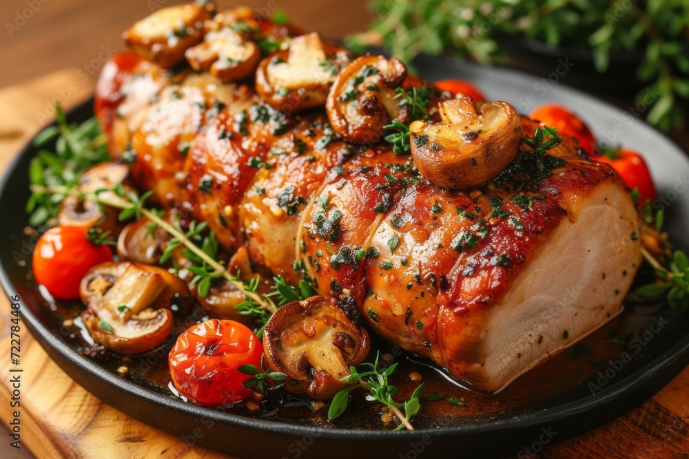 Roasted pork loin with mushrooms in sauce and cherry tomatoes Roasted pork loin with mushrooms in sauce and cherry tomatoes