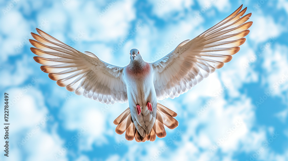as free as a bird, Freedom, dove with spread wings flying against a blue sky with clouds