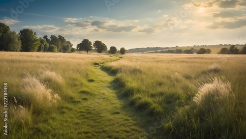 Footpath cutting through a meadow of tall, wild grass. generative AI