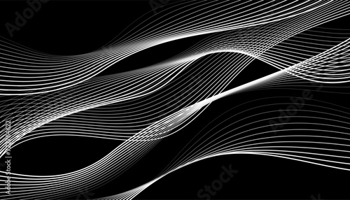 Black and white background, waves of lines, abstract dark wallpaper, vector design art