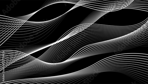 Black and white background, waves of lines, abstract dark wallpaper, vector design art