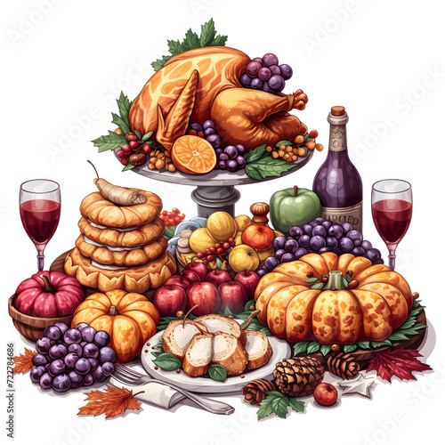 Thanksgiving feast isolated on white background, cartoon style, png 