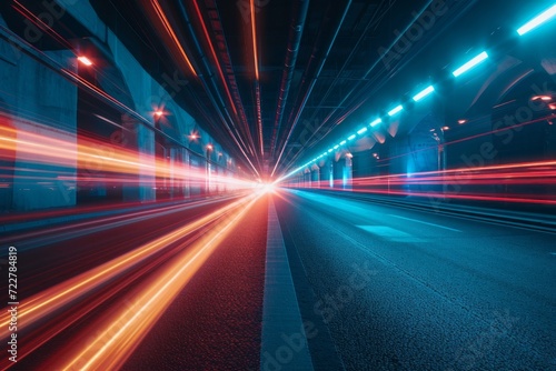 Speed through technology  Dynamic light trails in tunnel showcasing rapid movement and urban velocity.