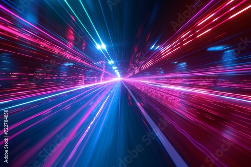 High-speed digital travel through neon light streaks, embodying rapid data movement and connectivity.