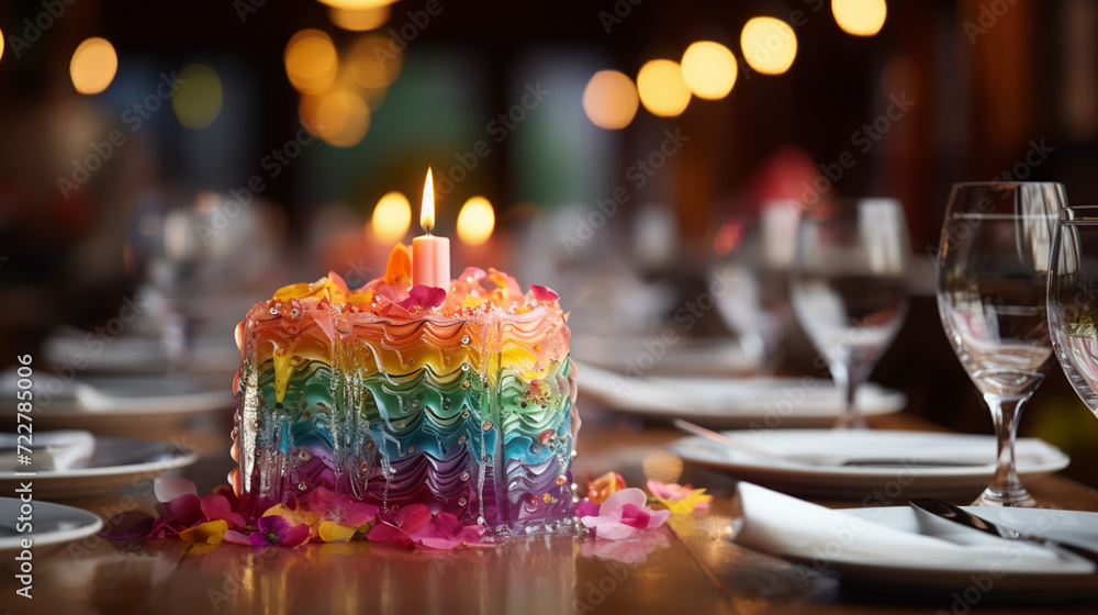 Close up of Piece of Cake with Rainbow Colored Layers