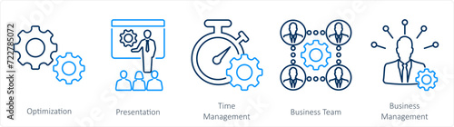 A set of 5 Mix icons as optimization, presentation, time management