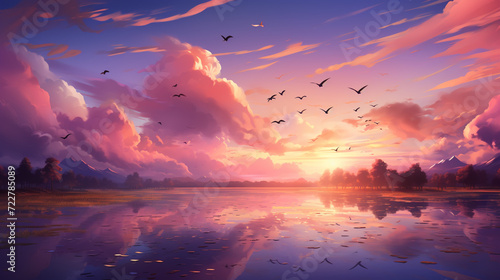 Captivating Landscape: Sky, Clouds, and Sunset in an Enchanting Oil Painting View. Mesmerizing Wallpaper with a Blend of Light Colors, Shades of Purple, Anime-style Magic, and Vibrant Splashes © alexkich