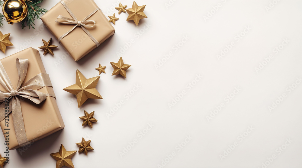 Christmas composition with gifts on light background. Flat lay, top view. Christmas composition with gifts on light background. Flat lay, top view.