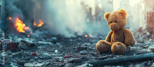 A teddy bear toy on the ruins of a city destroyed by war conflict. AI generated images