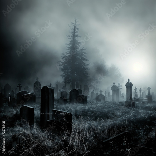 A foggy, old graveyard with dark, spooky trees and headstones. ai generative