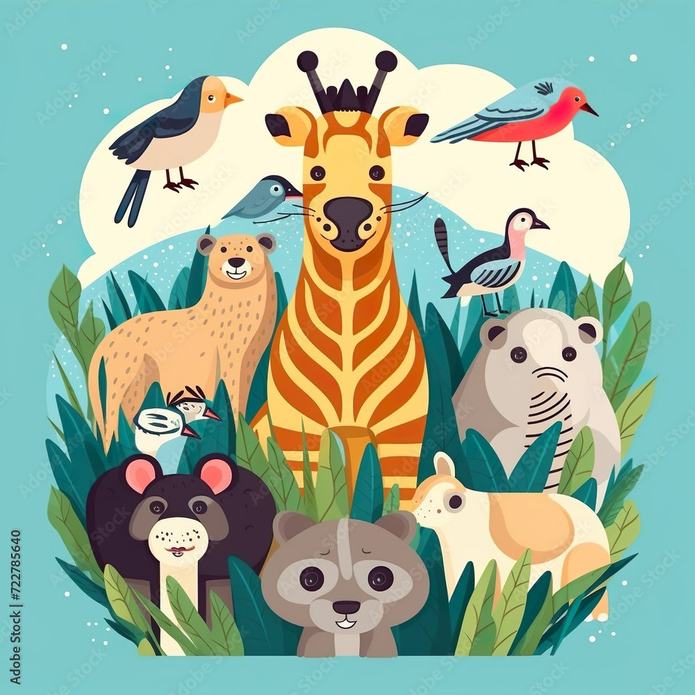 Fototapeta premium group of cute wildlife animals generative ai
