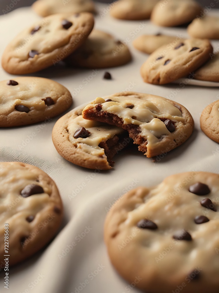 Delicious traditional chocolate chip cookies. Soft baked, baked, cookies, classic. Close-up view.
