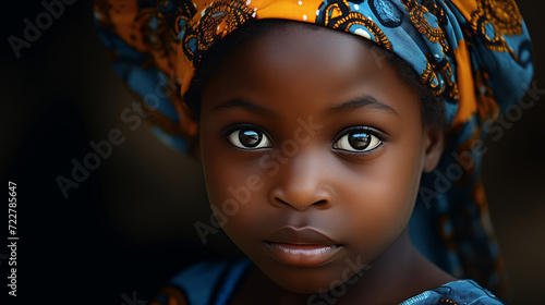 close-up photo of a beautiful, cute child with beautiful bih brow eyes that reflect, blue scarf on the head photo