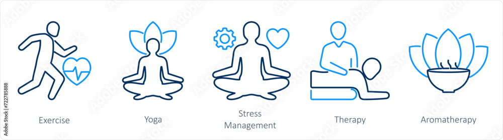 A set of 5 mix icons as exercise, yoga, stress management A set of 5 mix icons as exercise, yoga, stress management