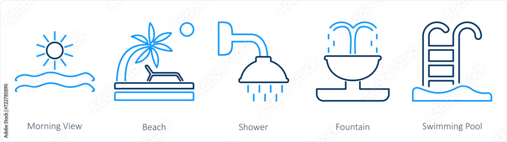 A set of 5 mix icons as morning view, beach, shower A set of 5 mix icons as morning view, beach, shower
