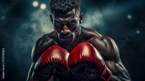 Portrait handsome black powerful muscular fighter boxer in close-up on his face and boxing gloves, under bright spotlight in ring. Boxer looks directly into camera. Blurred background. Copy space. © Marina_Nov