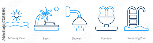 A set of 5 mix icons as morning view, beach, shower