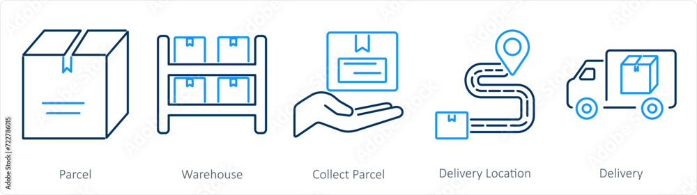 A set of 5 mix icons as parcel, warehouse, collect parcel A set of 5 mix icons as parcel, warehouse, collect parcel