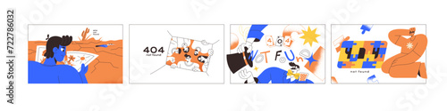 Error 404 concept set. Web page not found alert. Problems with internet connection. Broken online access. Design of mistakes, fail on website. Flat isolated vector illustrations on white background