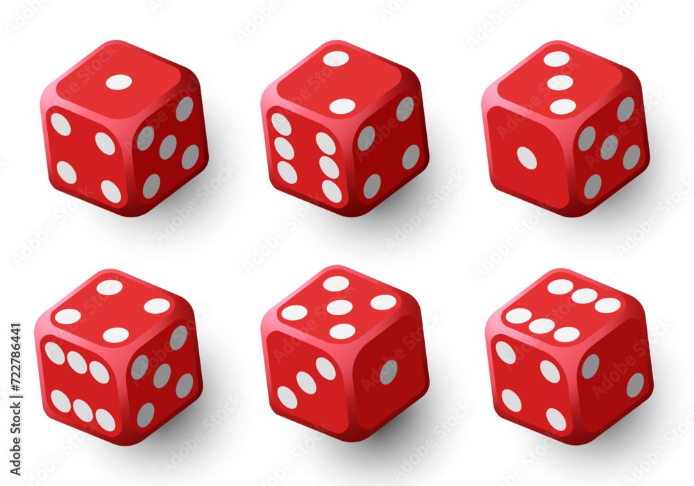 Red dice with black dots. Vector set isolated on white background. 3d dice. Red dice with black dots. Vector set isolated on white background. 3d dice.