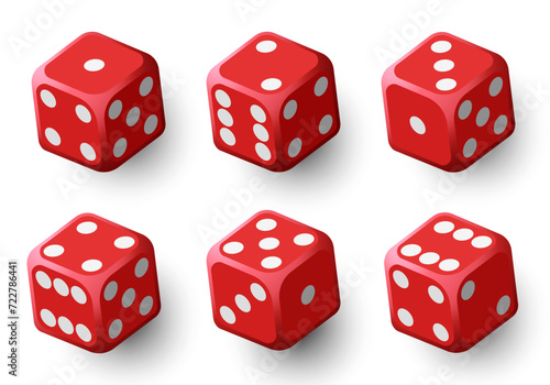 Red dice with black dots. Vector set isolated on white background. 3d dice.