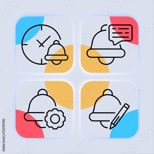 Bell set line icon. Alarm clock, bell, getting up, ringing, sleep, clock, work, time, arrow, school. Glassmorphism style. Vector line icon for business and advertising
