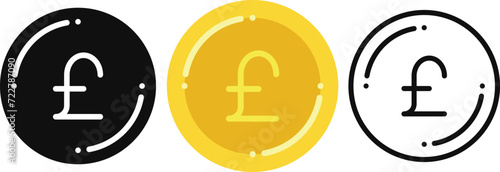 pound currency coin set black, gold, line art, pound money. currency digital pound coin for financial concept, vector illustration