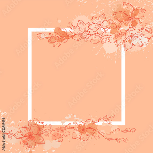 2024 year color frame. Peach tree blossom. Fuzz branch pattern. Peach flower background in soft palette. Abstract fuzz 2024 year colour. Spring japanese summer fashion, interior design trendy palette
