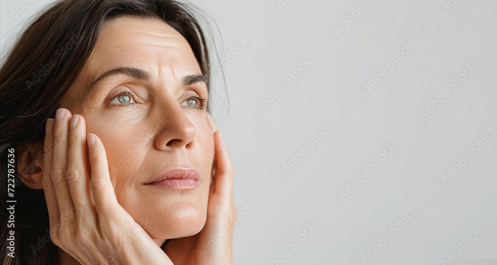 Portrait of cropped caucasian middle aged woman face with wrinkles touching skin by hands on white background Portrait of cropped caucasian middle aged woman face with wrinkles touching skin by hands on white background