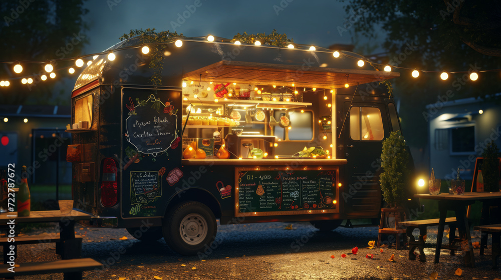 vibrant food truck at night illuminated by string lights vibrant food truck at night illuminated by string lights