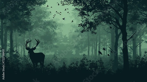 A majestic stag stands as a silhouette against the ethereal green backdrop of a misty forest  with birds taking flight in the serene environment.