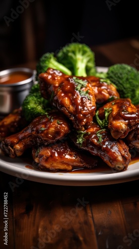 A Delectable Plate of Chicken Wings Served with a Side of Fresh Broccoli