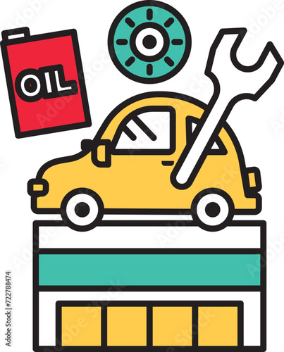 シンプルな線画の自動車修理店のイラスト