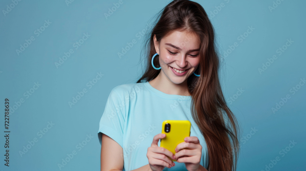 smiling young woman looking down at her yellow smartphone with pleasure, wearing a blue top and matching blue hoop earrings against a soft blue background smiling young woman looking down at her yellow smartphone with pleasure, wearing a blue top and matching blue hoop earrings against a soft blue background
