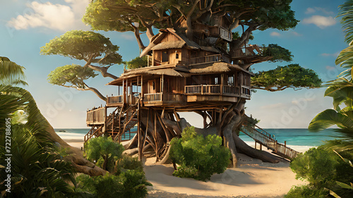 a tree house sitting on top of a sandy beach, pine treehouse, beachwood treehouse, lookout tower, tree house, bamboo huts photo