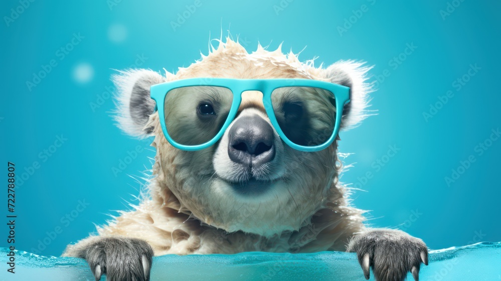 Cute koala in swimming suit ready to swim on blue background