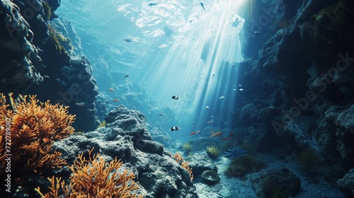 Dive into the depths of a super realistic underwater world, where perfect lighting reveals the mysteries of the ocean's beauty. © MuhammadAshir
