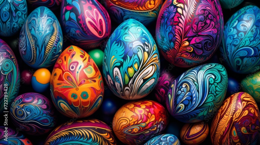 Unusual colorful festive Easter eggs with beautiful drawings Unusual colorful festive Easter eggs with beautiful drawings