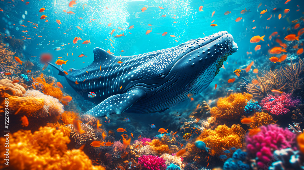 whale swims in clear blue water near colorful coral reefs with schools of tropical fish around it whale swims in clear blue water near colorful coral reefs with schools of tropical fish around it