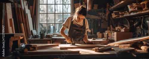 carpenter woman is working in workshop