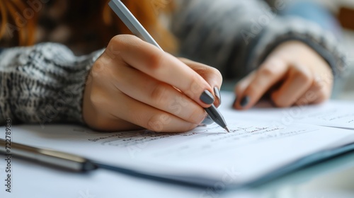 Close-up shot of a person's hands writing on a paper with a pen