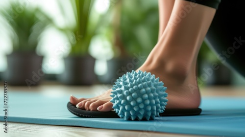 Foot massager and trigger massage ball closeup. Myofascial relaxation of the hypermobile muscles of the foot with a massage ball on a gymnastic mat photo