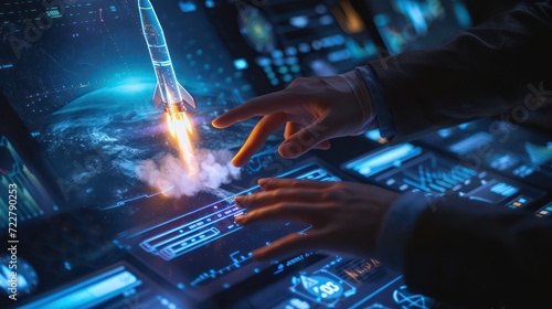 A Man's Hands Interacting with a Futuristic Holographic Display, Projecting the Excitement of a Rocket Launch
