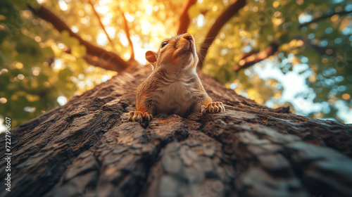 small squirrel looks upwards while clinging to the side of a tree  with sunlit leaves in the background