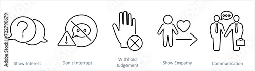 A set of 5 Active Listening icons as show interest, don�t inturrupt, with hold judgement