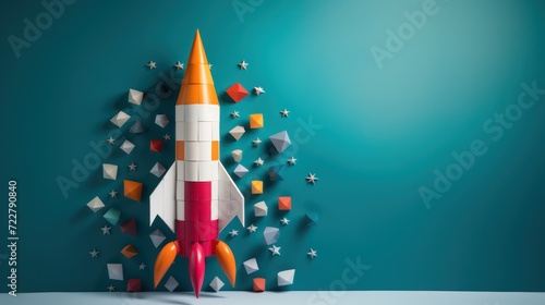 
A paper rocket soars above a colorful backdrop, distinguishing itself as the leader among other following paper rockets.