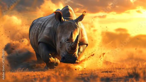 rhino runs in the savannah against a dramatic orange sunset, kicking up dust